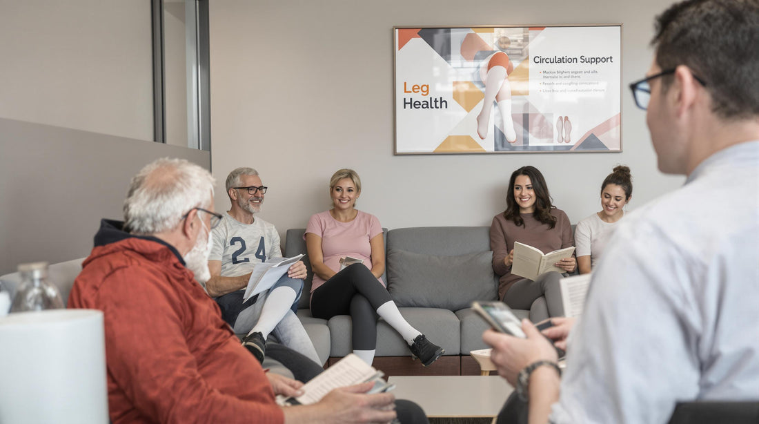 Diverse adults in clinic wearing knee high compression stockings