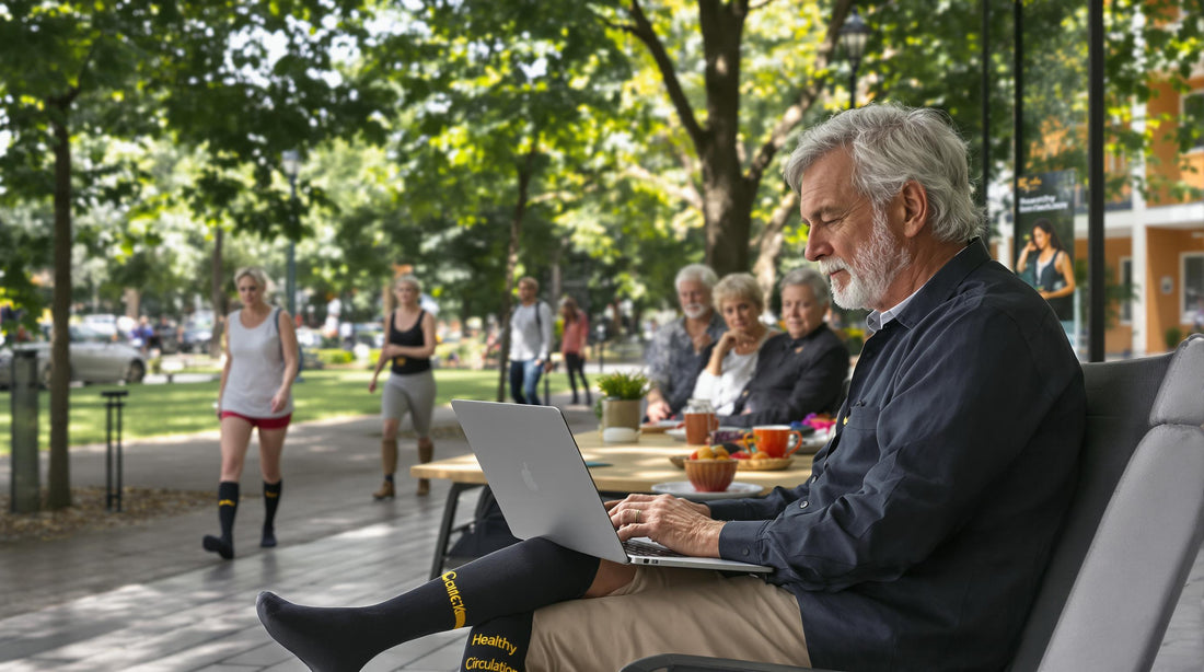 People of all ages wearing compression socks during daily activities for healthier circulation