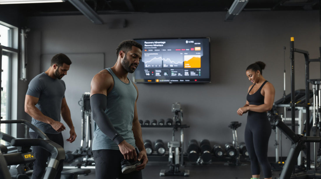 Athletes in gym putting on compression stockings, recovery advantage text on wall screen