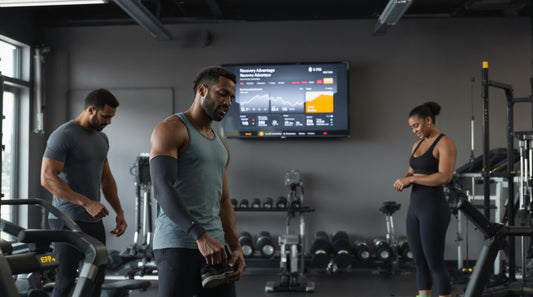 Athletes in gym putting on compression stockings, recovery advantage text on wall screen