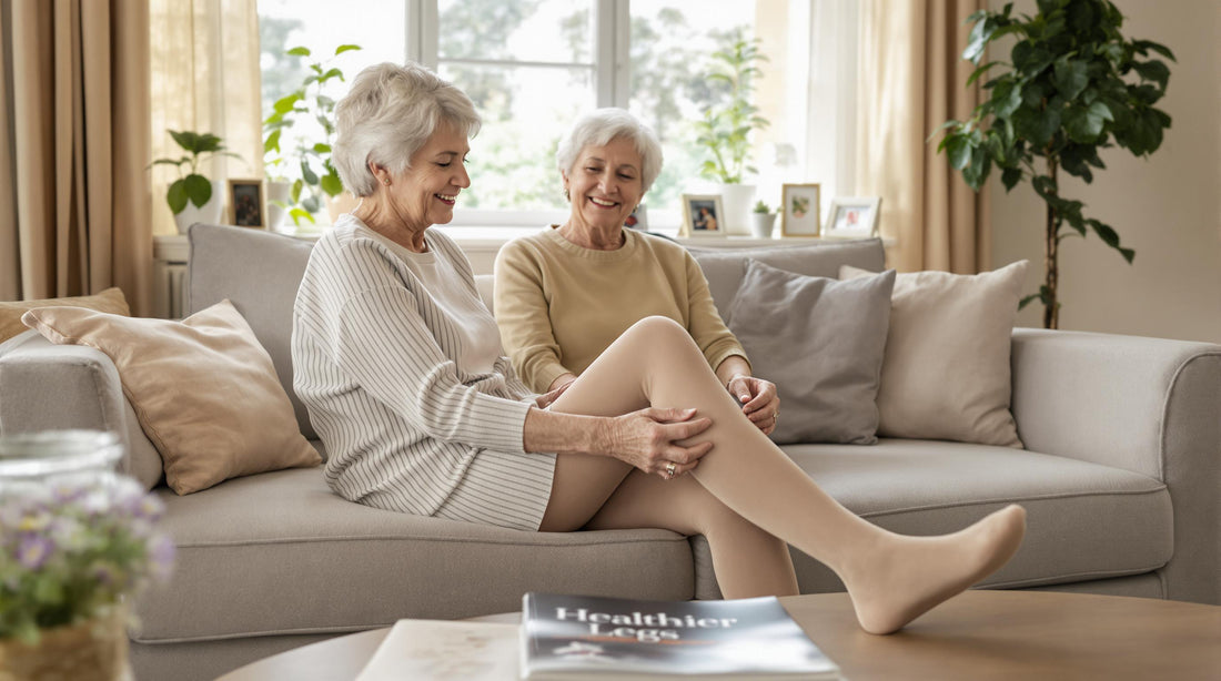Elderly woman in living room putting on compression stockings for leg health