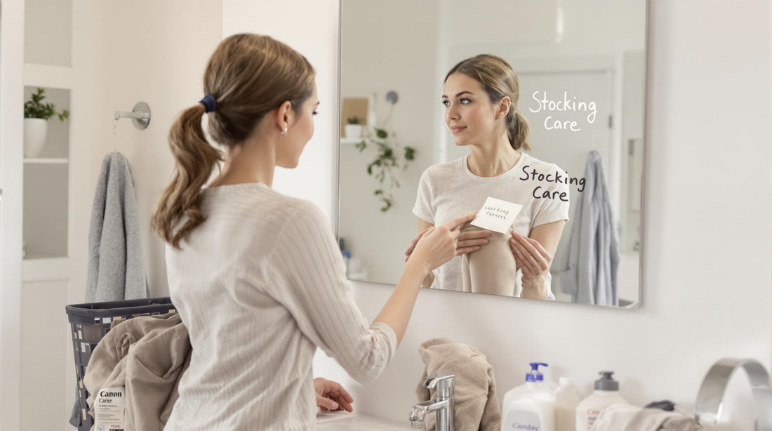 Woman carefully inspecting compression stockings with 'Stocking Care' note in bathroom