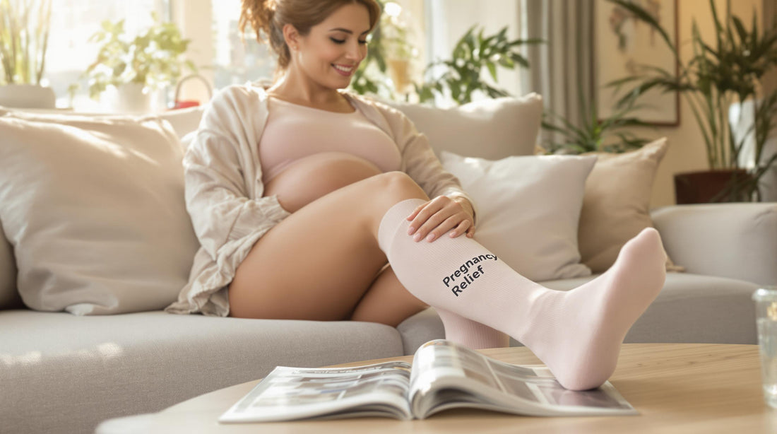 Pregnant woman on sofa wearing compression socks, 'Pregnancy Relief' on magazine