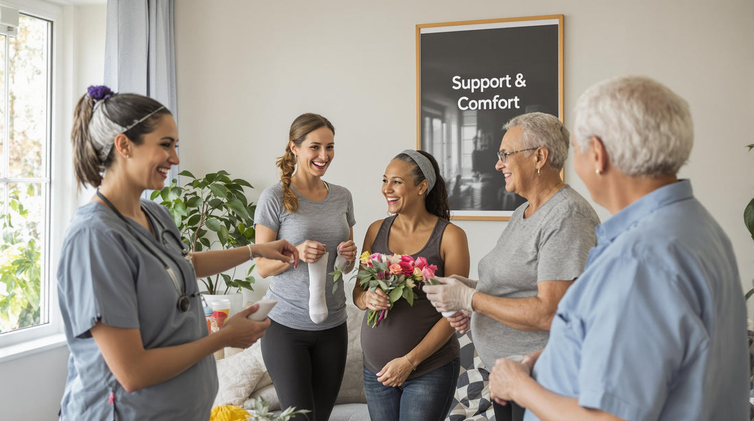 Diverse group compares compression socks in bright living room