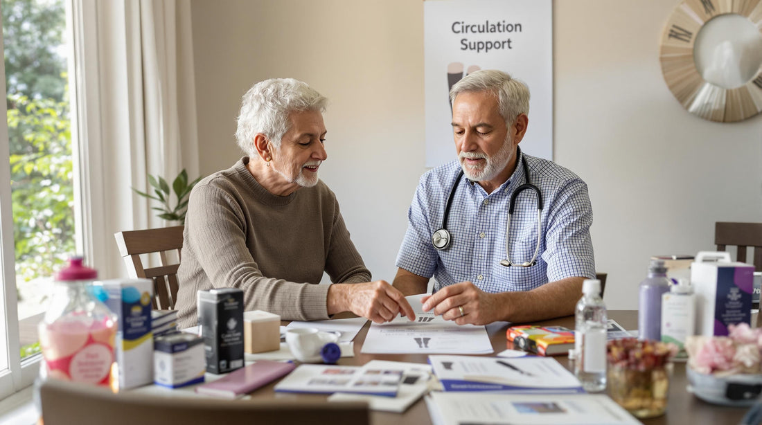 Older adult and healthcare provider reviewing compression stockings for circulation support