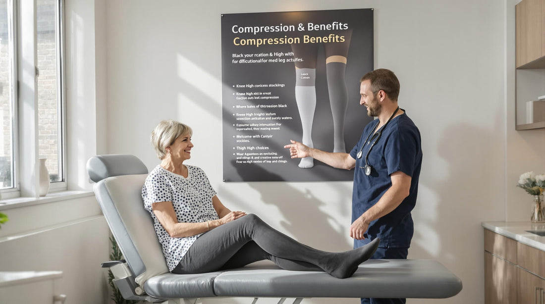 Woman in clinic comparing knee high and thigh high stockings with doctor and poster